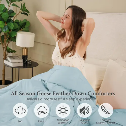 Miniatura 7 de Joysoul Edredón de plumón tamaño Queen – Relleno de plumón de ganso ultra suave y fibra de plumas para todas las estaciones, relleno de edredón azul