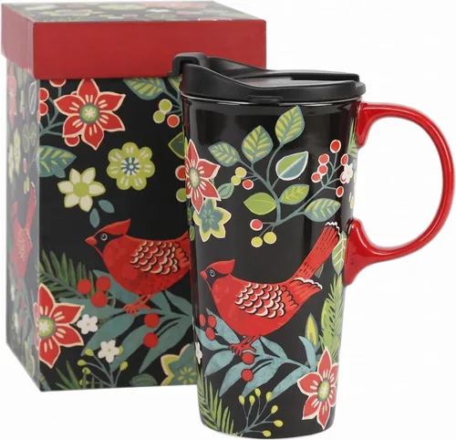 Taza de viaje de cerámica de 17 onzas con tapa y caja de regalo, taza de café cardenal de arte popular, taza de té de porcelana de pájaro de