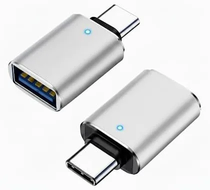 Paquete de 2 adaptadores OTG de aluminio plateado USB C a USB 3.0 adaptador convertidor con luz LED para dispositivo tipo C
