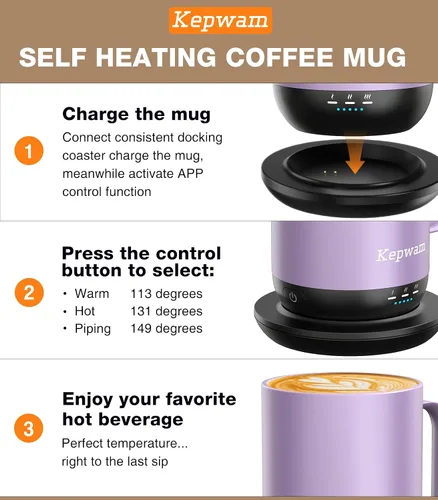 Miniatura 3 de Kepwam Taza de Café Autocalentante T1, Taza de Café Recargable Calentada de 16oz, Taza de Café Inteligente con Calentamiento Controlado por