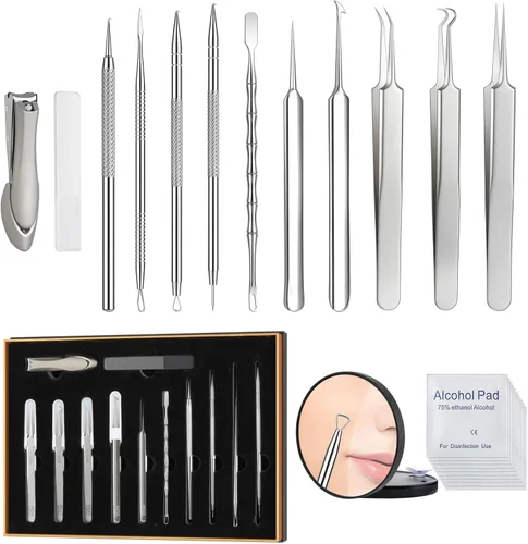 Kit de herramientas de eliminación de espinillas de acero inoxidable tratado térmicamente, 12 piezas, extractor de comedona para acné facial,