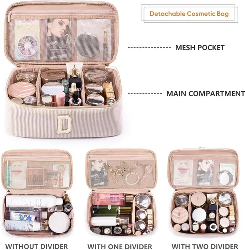 Miniatura 3 de AMOIGEE Organizador de Bolsa de Maquillaje con Inicial, Neceser Personalizado de Doble Capa, Bolsa de Aseo de Viaje para Brochas de Maquillaje