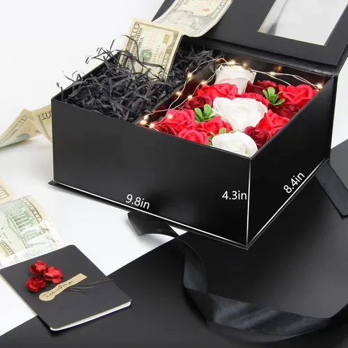 Miniatura 6 de Caja de dinero para regalo en efectivo - Caja de regalo de flores de lujo con tirador de dinero y tapa con flor y lazo, caja de regalo única