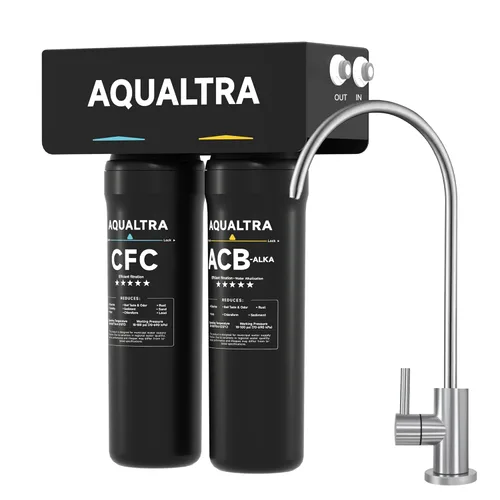 AQUALTRA USF-2F-10 Sistema de filtro ligeramente alcalino para debajo del fregadero, 20 K galones con grifo, reduce PFOA, PFOS, cloro, plomo,