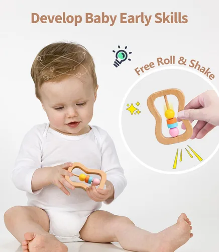 Miniatura 6 de 6 piezas de sonajero de madera para bebé, juego de sonajeros de mano de bebé orgánicos coloridos, sonajeros de madera para bebés de 0-6-12 meses