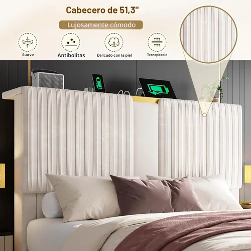 Miniatura 7 de Homkdom Base de cama Queen con cabecera de almacenamiento de terciopelo, 2 cajones grandes y 3 puertos de carga, base de cama de plataforma de 51.3