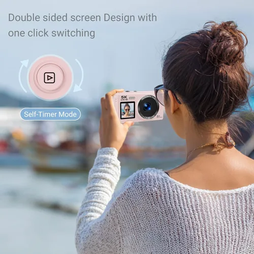 Miniatura 2 de Cámara digital 5K para fotografía, cámara de vlogging de pantalla dual de 80 MP para YouTube con WiFi, zoom digital 16X, función de belleza, Rosa