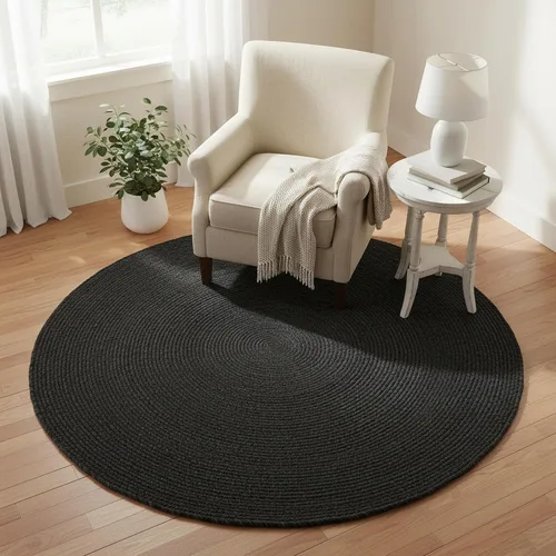 Frelish Decor - Alfombra de yute tejida a mano, redonda, rústica, vintage, negra, trenzada, reversible y ecológica para dormitorio, cocina, sala de