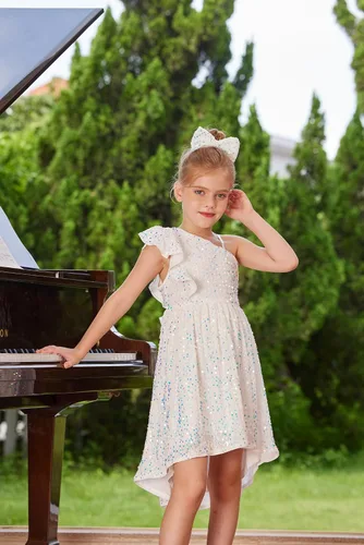 Miniatura 7 de GRACE KARIN Vestido de lentejuelas de un hombro para niñas, vestido de fiesta alto y bajo para 5-14 años