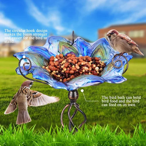 Miniatura 7 de VCUTEKA Comedero y bebedero de cristal para pájaros, para exteriores, baño de pájaros con estaca de metal, decoración de jardín Azul-2