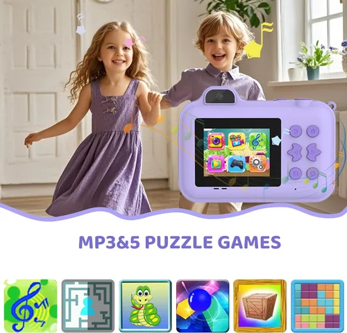 Miniatura 5 de Cámara de impresión instantánea para niños, selfie de doble lente HD de 1080P, cámara digital para niños pequeños con 5 rollos de papel y tarjeta