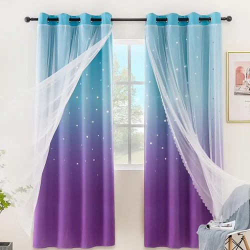 Miniatura 12 de Stiio Cortinas con Recortes de Estrella para Dormitorio de Niñas, 2 Paneles, Cortinas Opacas 2 en 1 que Bloquean la Luz con Cortinas de Ventana Azul