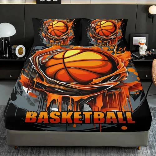 AILONEN Juego de sábanas deportivas de baloncesto de dibujos animados de 3 piezas para niños tamaño completo, juego de sábanas de cama de baloncesto