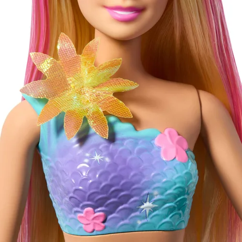 Miniatura 5 de Muñecas de juguete de sirena Barbie con función sorpresa de flores mágicas en flor, colas ombre, accesorio diadema de perlas y pelo largo rubio