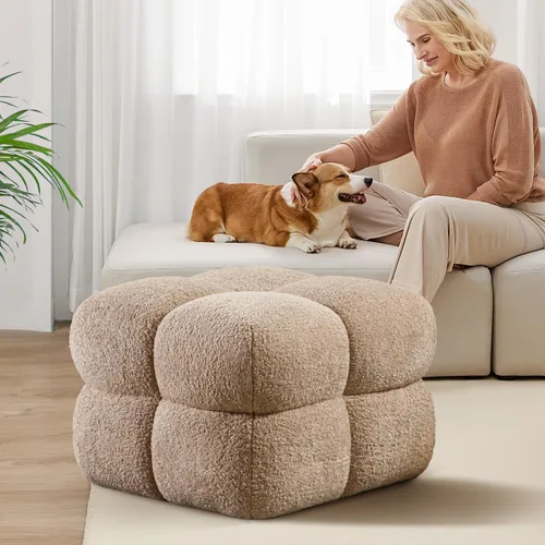Puf otomano de 21 pulgadas de ancho, taburete cuadrado grande para sofá, otomano bohemio tapizado con tela de peluche para tocador, entrada, Caramelo