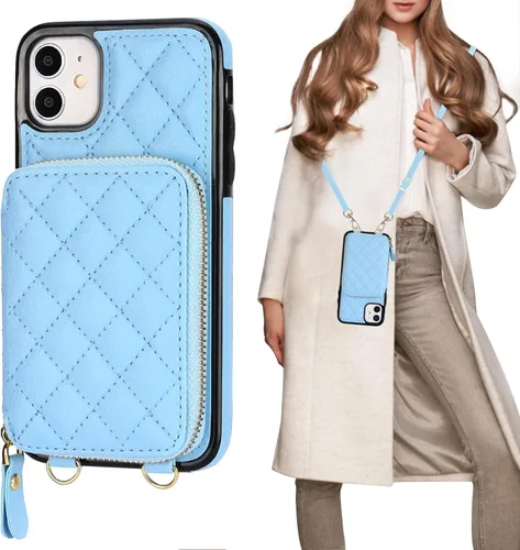 Miniatura 17 de Bocasal Funda tipo cartera cruzada para iPhone 11, con bloqueo RFID, de piel sintética, con cremallera, funda tipo cartera con función atril y Negro