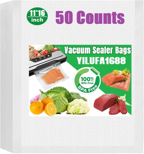 Bolsas selladoras al vacío para alimentos, paquete de 50 unidades precortadas de 11 x 16 pulgadas, grado comercial, sin BPA, almacenamiento