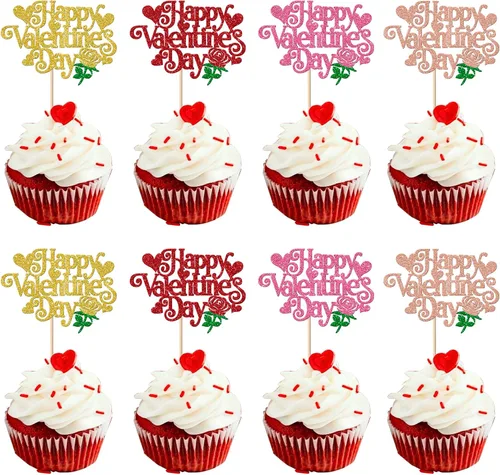 Miniatura 19 de Paquete de 24 adornos para cupcakes con purpurina en forma de corazón con temática de amor dulce, decoración de pasteles para el día de San