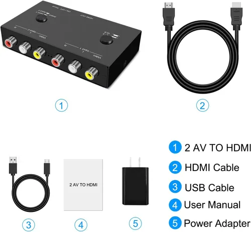 Miniatura 7 de Adaptador convertidor RCA/AV a HDMI de 2 puertos para WII, N64, Xbox, PS1/2/3, reproductores de DVD, etc. (salida HDMI 2AV en 1)