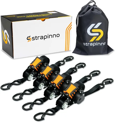 Strapinno Correas de trinquete retráctiles: amarre resistente de 1 pulgada x 12 pies, 1800 libras de resistencia a la rotura cada uno, ganchos en S