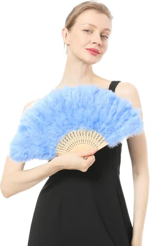 Abanico de Marabou - Accesorios de plumas plegables de mano para mujer, decoración de disfraces para adultos, fiesta de té de Halloween, color azul