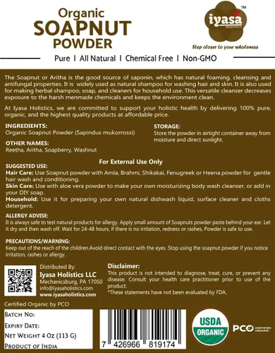 Miniatura 2 de Polvo de soapnut orgánico (polvo Reetha) de 4 onzas, detergente orgánico natural para ropa, limpiador multiusos para el cabello, la piel y el hogar