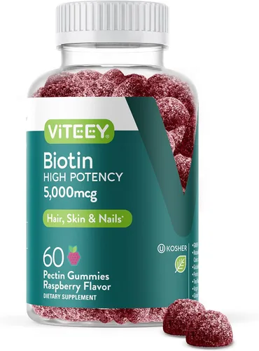 Viteey Gomitas de biotina para cabello, piel y uñas, gomitas de biotina para el crecimiento del cabello, 5000 mcg, veganas, sin gluten, sin OMG, 60