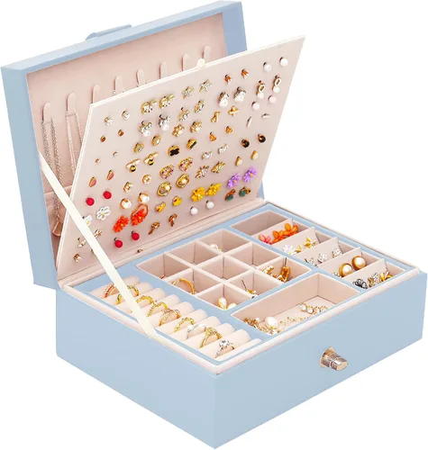 Miniatura 179 de Joyero de pendientes para mujeres y niñas, organizador de aretes de 5 capas, caja organizadora de joyas blanca con candado, collares y aretes