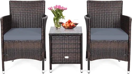 Miniatura 9 de HAPPYGRILL Juego de muebles de mimbre de mimbre para patio de 3 piezas, juego de conversación de ratán al aire libre con mesa auxiliar, sillas