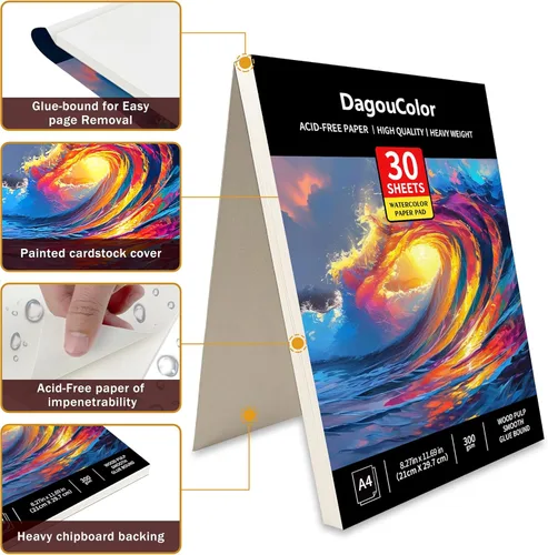Miniatura 6 de DagouColor Bloc de papel de acuarela, A4, paquete de 2, 30 hojas cada una, papel prensado en frío de 140 libras/10.58 oz/m², libro de artista