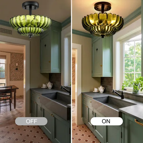 Miniatura 6 de Lámpara de techo semiempotrada, 3 luces de techo vintage modernas de cristal verde, luz cercana al techo festoneada, lámpara de techo empotrada