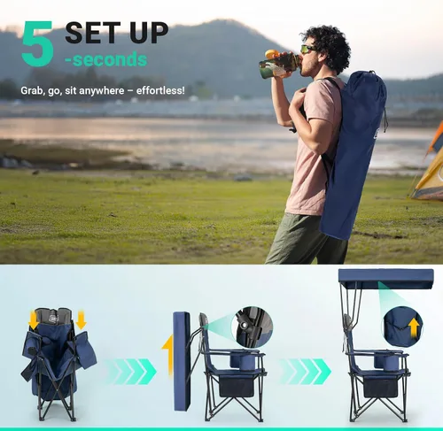 Miniatura 8 de Overmont - Silla de camping con toldo de 330 libras, silla de playa plegable resistente con bolsa enfriadora de 3 L, soporte de respaldo alto