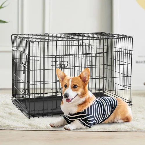 Miniatura 2 de FDW Jaula XL para perros con doble puerta, jaula plegable de alambre de metal de 42 pulgadas con bandeja extraíble y panel divisor, jaula para Negro