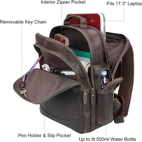 Miniatura 4 de TIDING Mochila para portátil de cuero de grano completo de 17.3 pulgadas para hombre, mochila de viaje de gran capacidad, para viajes, fin de Marrón