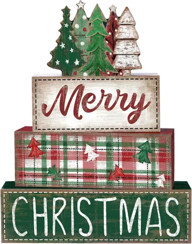Miniatura 13 de DIYDEC 4 piezas de decoración de mesa de Navidad, árbol de Navidad, letrero de bloque de madera, decoración de bandeja escalonada de Navidad, pieza
