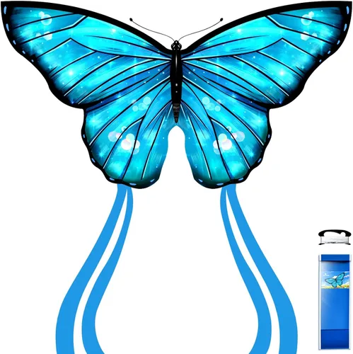 Miniatura 9 de Simxkai Cometa de mariposa para niños y adultos, fácil de volar azul cometa grande para principiantes, mango de línea incluido