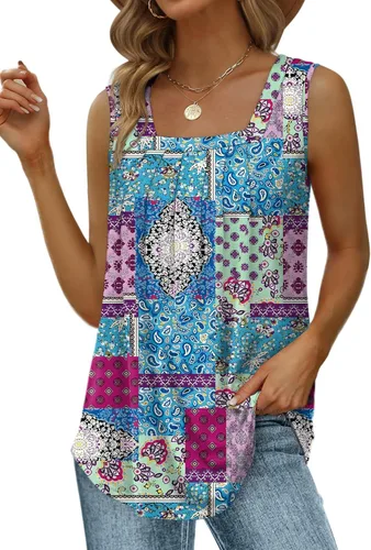 Miniatura 46 de Saloogoe - Camisetas sin mangas veraniegas para mujeres, plisadas con cuello cuadrado y dobladillo curvado, blusas de ajuste holgado con movimiento