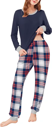 Miniatura 264 de Ekouaer Conjunto de pijama de manga larga para mujer, ropa de dormir suave con cuello redondo y bolsillos