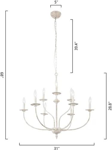 Miniatura 8 de Maxax Candelabro de Campo Francés, Candelabro de Granja Blanco Antiguo de 2 Niveles y 9 Luces, Accesorios de Lámpara Colgante de Vela Rústica de 31