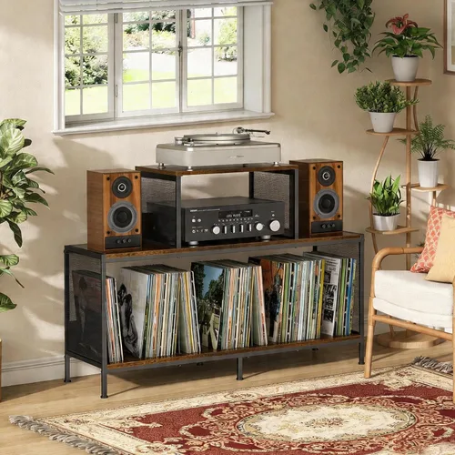 Miniatura 3 de Sonyabecca Espaciosa mesa de tocadiscos vintage – Capacidad para 150 – 250 álbumes de vinilo, divisores ajustables, áreas de visualización lateral