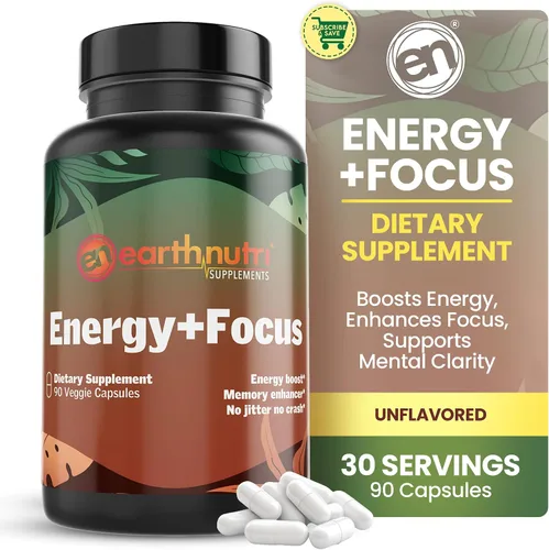 EarthNutri Suplemento Energy + Focus – Aumento de energía y enfoque cerebral y memoria con PeakO2, AlphaSize, Cognizin, PurCaf, Teacrina, Acetil
