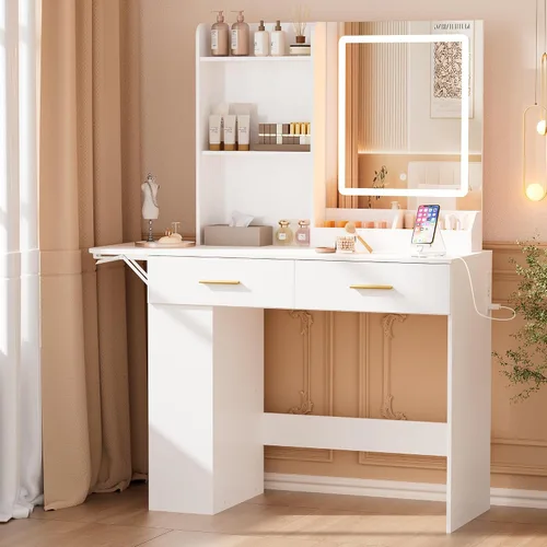 Miniatura 19 de ERLEJIA Escritorio de tocador con espejo y luces, tocador de maquillaje grande de 43 pulgadas con 9 cajones, 3 estantes abiertos, iluminación LED