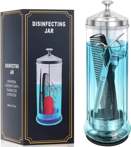 Tarro desinfectante de vidrio con almohadilla antideslizante de 53 onzas/50.7 fl oz, tarro desinfectante de peluquero con cesta extraíble, gran