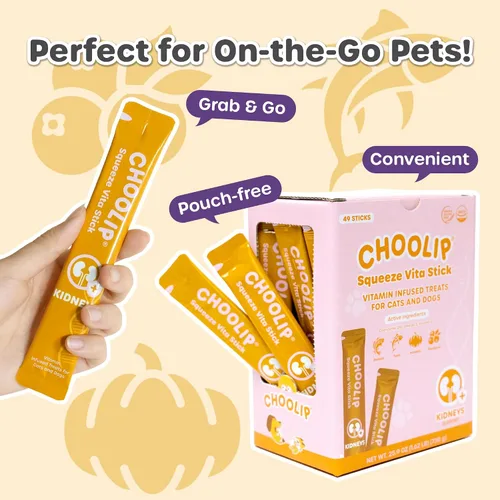 Miniatura 3 de Choolip Squeeze Vita Stick Golosinas Lamibles para Gatos y Perros, Paquete Variado de 49 Unidades para Apoyo Renal, Atún y Abadejo con Arándano