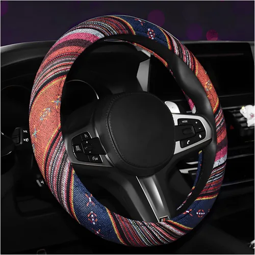 Miniatura 8 de Funda bohemia para volante, tela de lino grueso de 15 pulgadas, estilo étnico, antideslizante, protector universal transpirable para volante