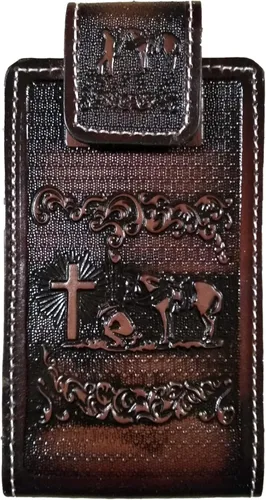 Western autentic Tooled Leather Mexican Cell Phone Case for Belt. Men and Horse Pray Design. con cierre magnético. Tamaño universal (marrón)