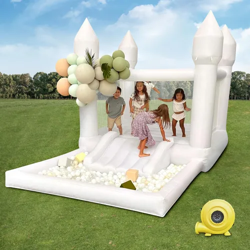 Miniatura 5 de iLink-outer White Bounce House para niños, 13 x 8 x 8 pies, casa hinchable blanca Oxford con tobogán y hoyo de bolas, perfecta para fiestas