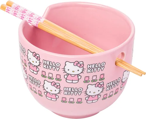 Silver Buffalo Sanrio Hello Kitty Tazón de cerámica para ramen y arroz con diseño de flores, con palillos, apto para microondas, 20 onzas Patrón de