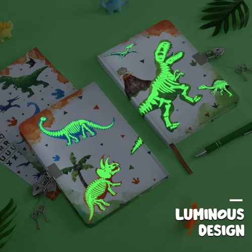 Miniatura 2 de WERNNSAI Diario Luminoso de Dinosaurio para Niños, Diario Secreto con Llaves de Cerradura, Cuaderno con Bolígrafo y Calcomanías, Regalo