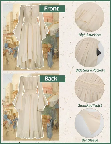Miniatura 7 de Scarlet Darkness Disfraz de feria renacentista para mujer, con hombros descubiertos, manga larga acampanada, vestido alto y bajo